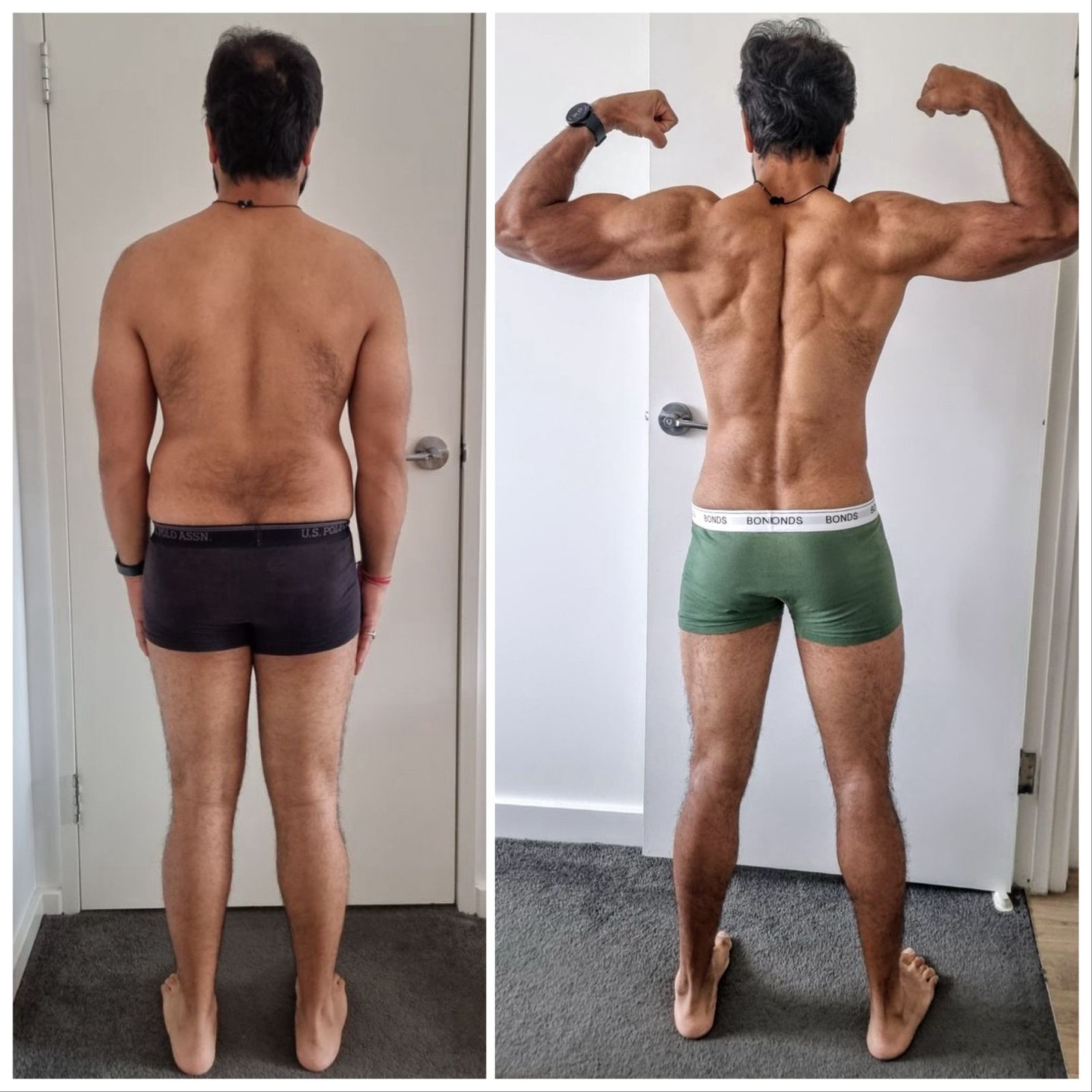 Coach Sidd's back-view body transformation, before and after
