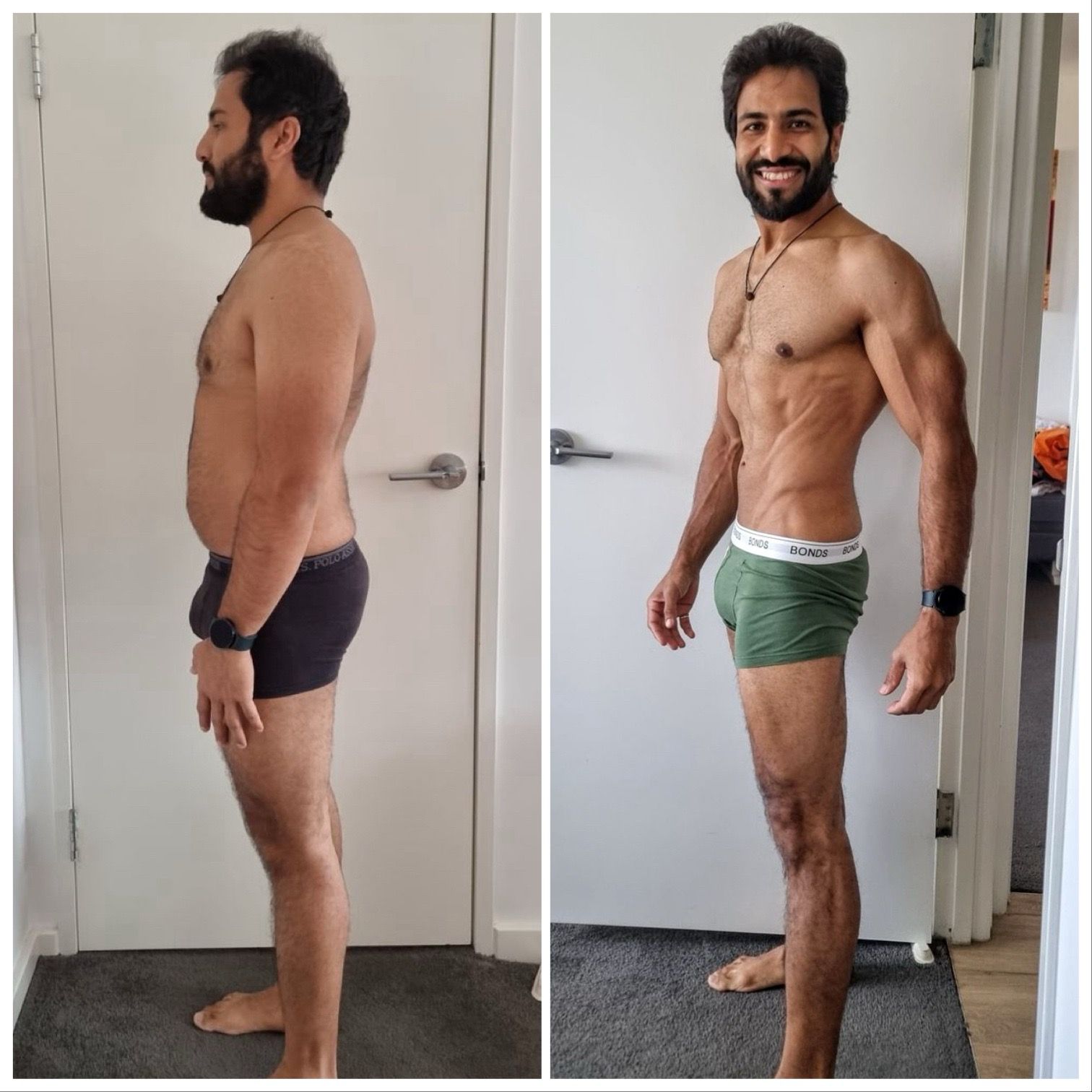 Coach Sidd's side-view body transformation, before and after