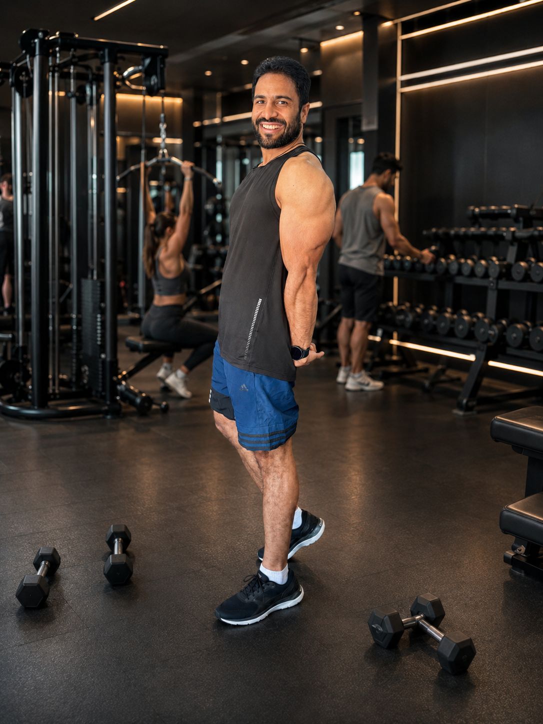 Coach Sidd smiling in a modern gym with dumbbells and cable machines — INFS certified nutrition and strength & conditioning practitioner
