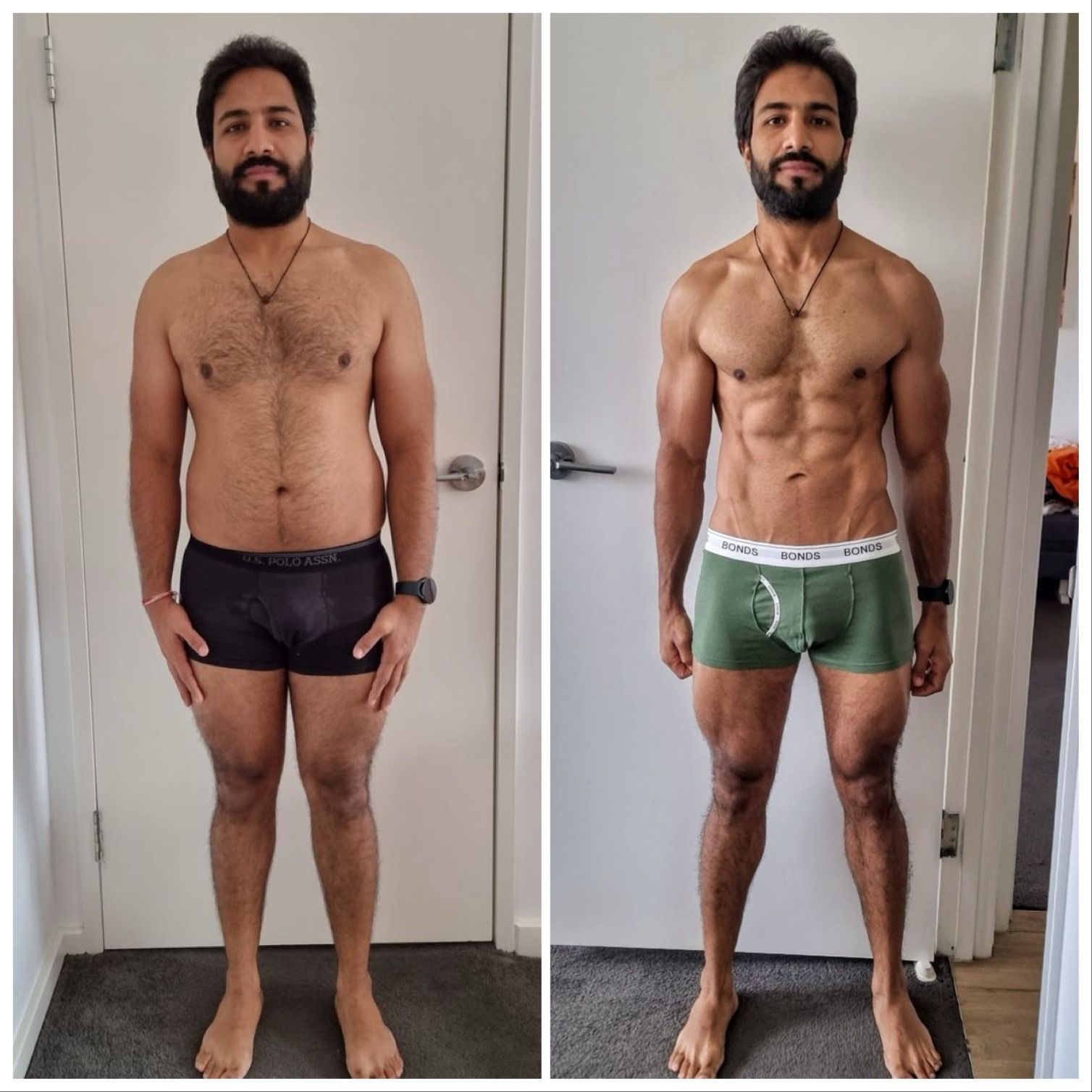 Coach Sidd's front-view body transformation, before and after